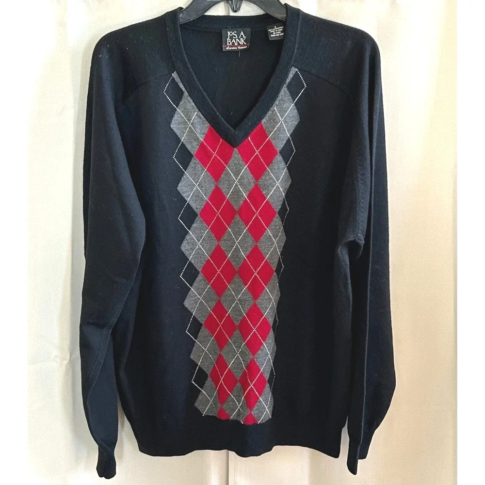 Joseph A Banks‎ Sweater Oversized Large Argyle Merino Wool Preppy Tennis 17152